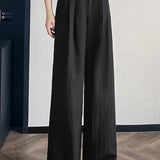 High-waisted shell weave pleated cotton-linen straight leg pants - liwisi
