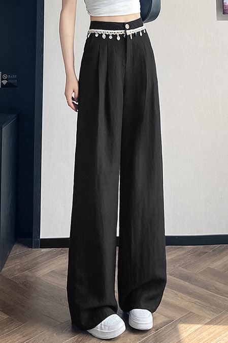 High-waisted shell weave pleated cotton-linen straight leg pants - liwisi