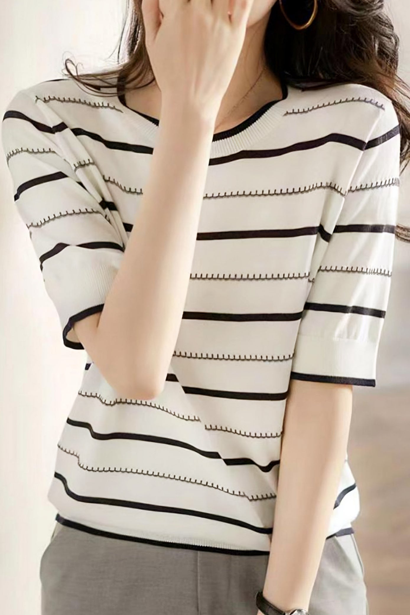 Striped Ice Silk Knit Short Sleeve T-shirt - liwisi
