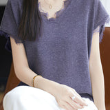 V-neck lace-trimmed knit T-shirt - liwisi