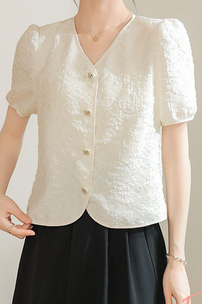 A-line bubble short sleeve button-up shirt - liwisi