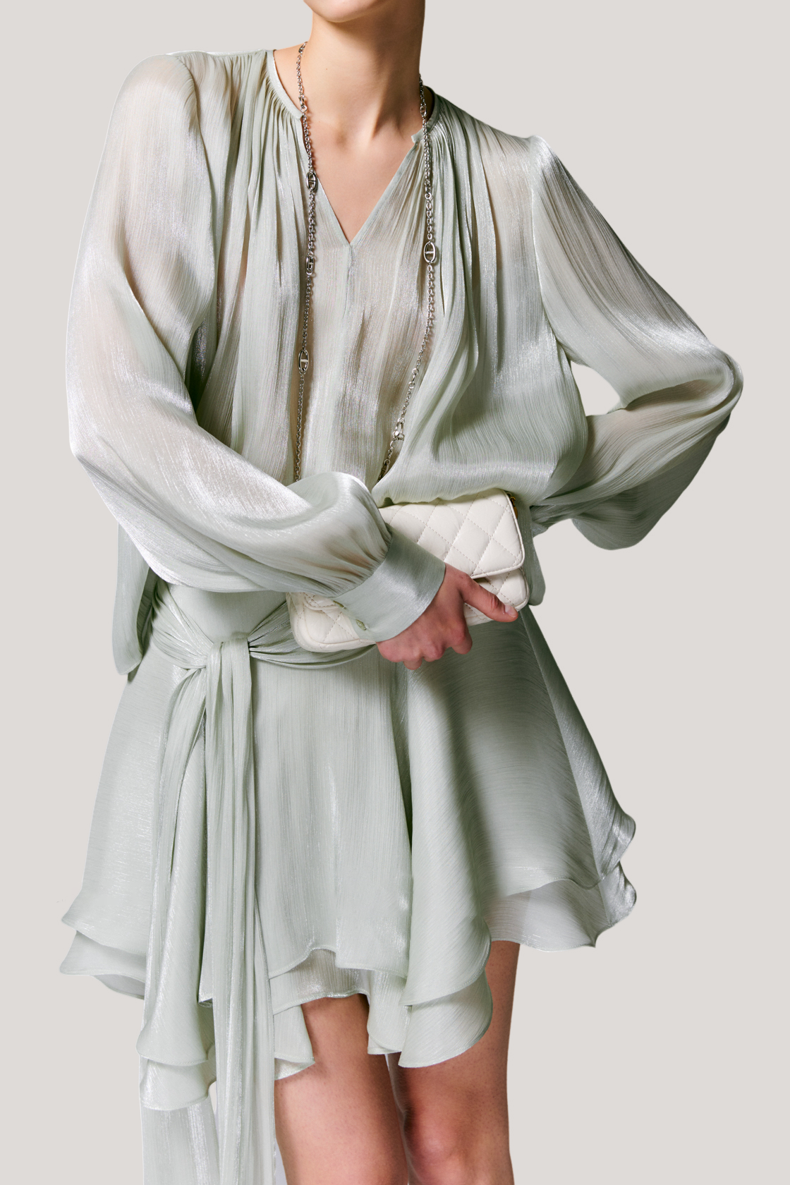 V-neck long sleeve shirt with tie and short skirt two-piece set - liwisi