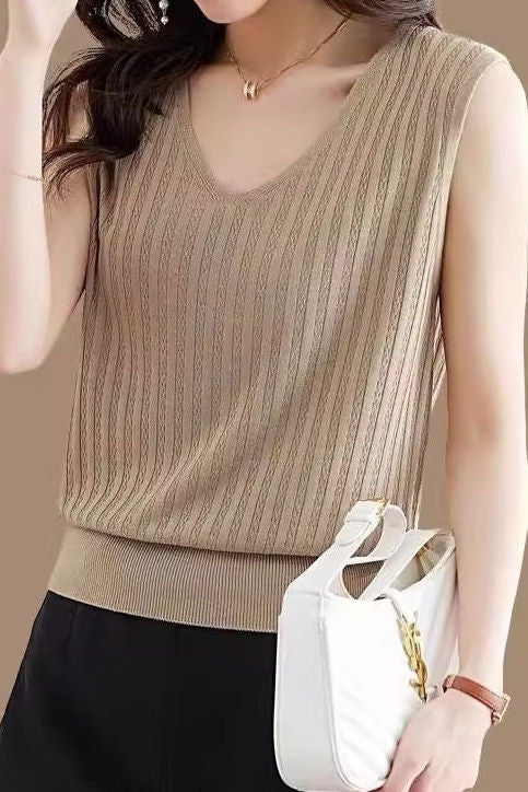 V-neck sleeveless textured knit tank top - liwisi