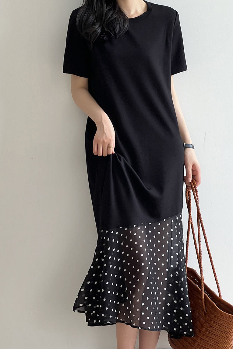 Spliced polka dot solid color dress - liwisi
