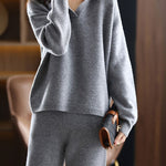 Two-Piece Set: Collared Knit Top + Knit Straight Pants - 4 Colors Available - liwisi