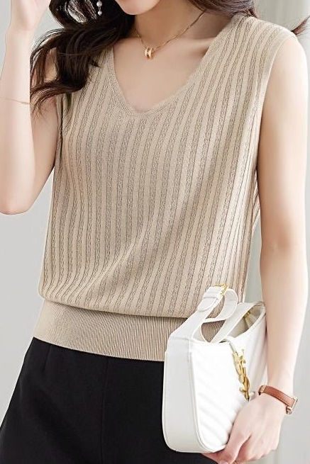 V-neck sleeveless textured knit tank top - liwisi