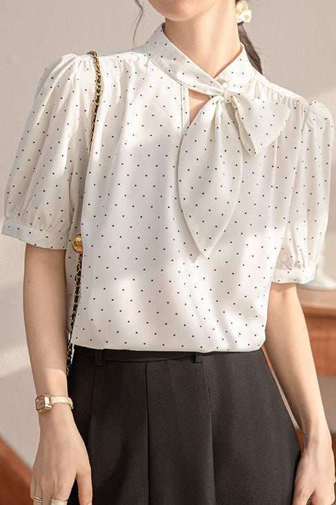 Polka dot bow tie short sleeve shirt - liwisi