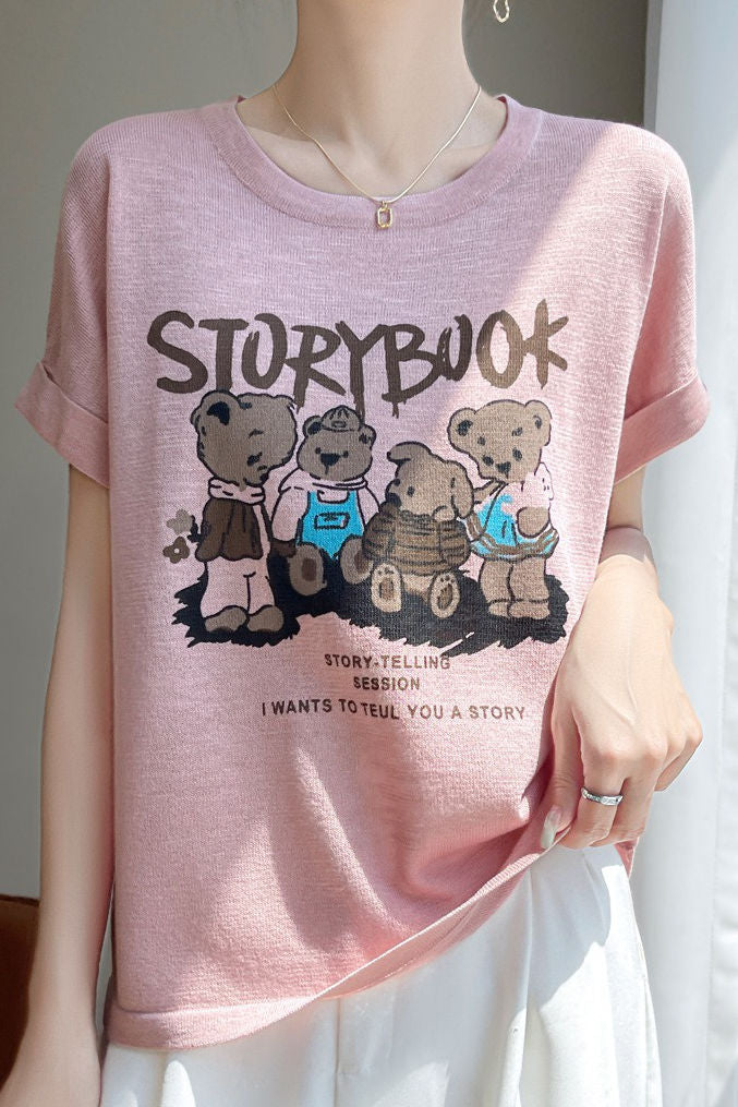 Lettered bear graphic short sleeve T-shirt - liwisi