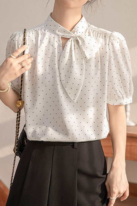 Polka dot bow tie short sleeve shirt - liwisi