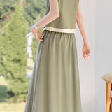 Color block faux two-piece casual T-shirt and A-line skirt set - liwisi