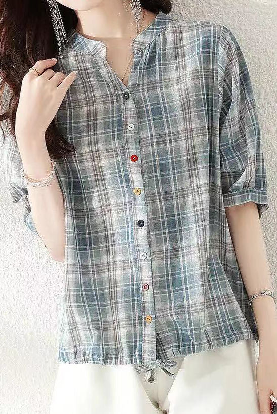 Round stand collar button-up short sleeve loose casual shirt with drawstring hem - liwisi
