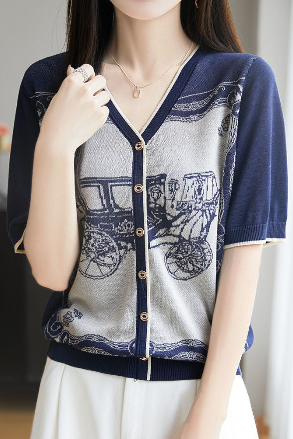 V-neck color block knit T-shirt - liwisi