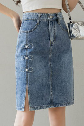 Embroidered beaded high-waisted slit denim skirt - liwisi