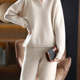 Two-Piece Set: Collared Knit Top + Knit Straight Pants - 4 Colors Available - liwisi