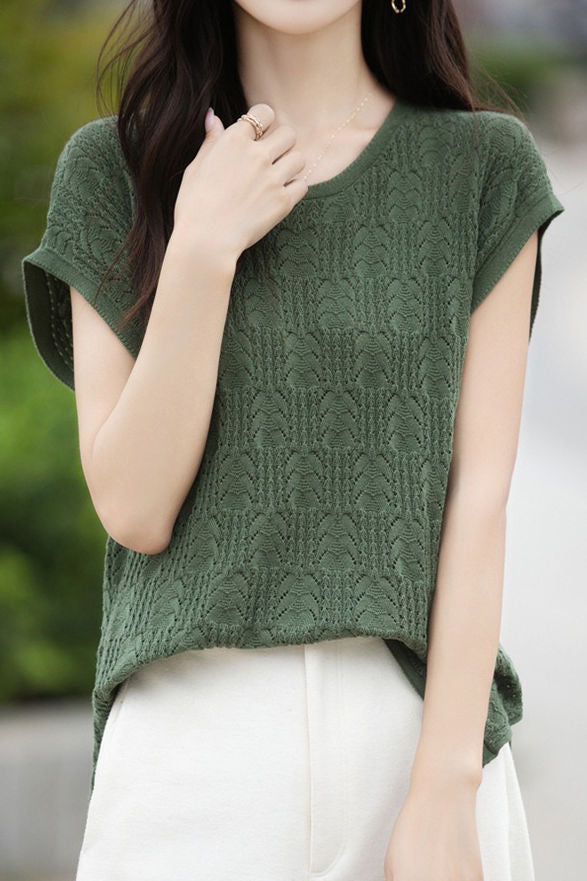 Hollow lace knit T-shirt - liwisi