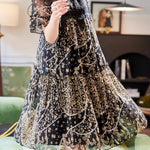 Round neck lace panel printed short sleeve dress - liwisi