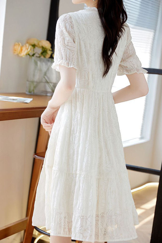 V-neck lace spliced A-line dress - liwisi