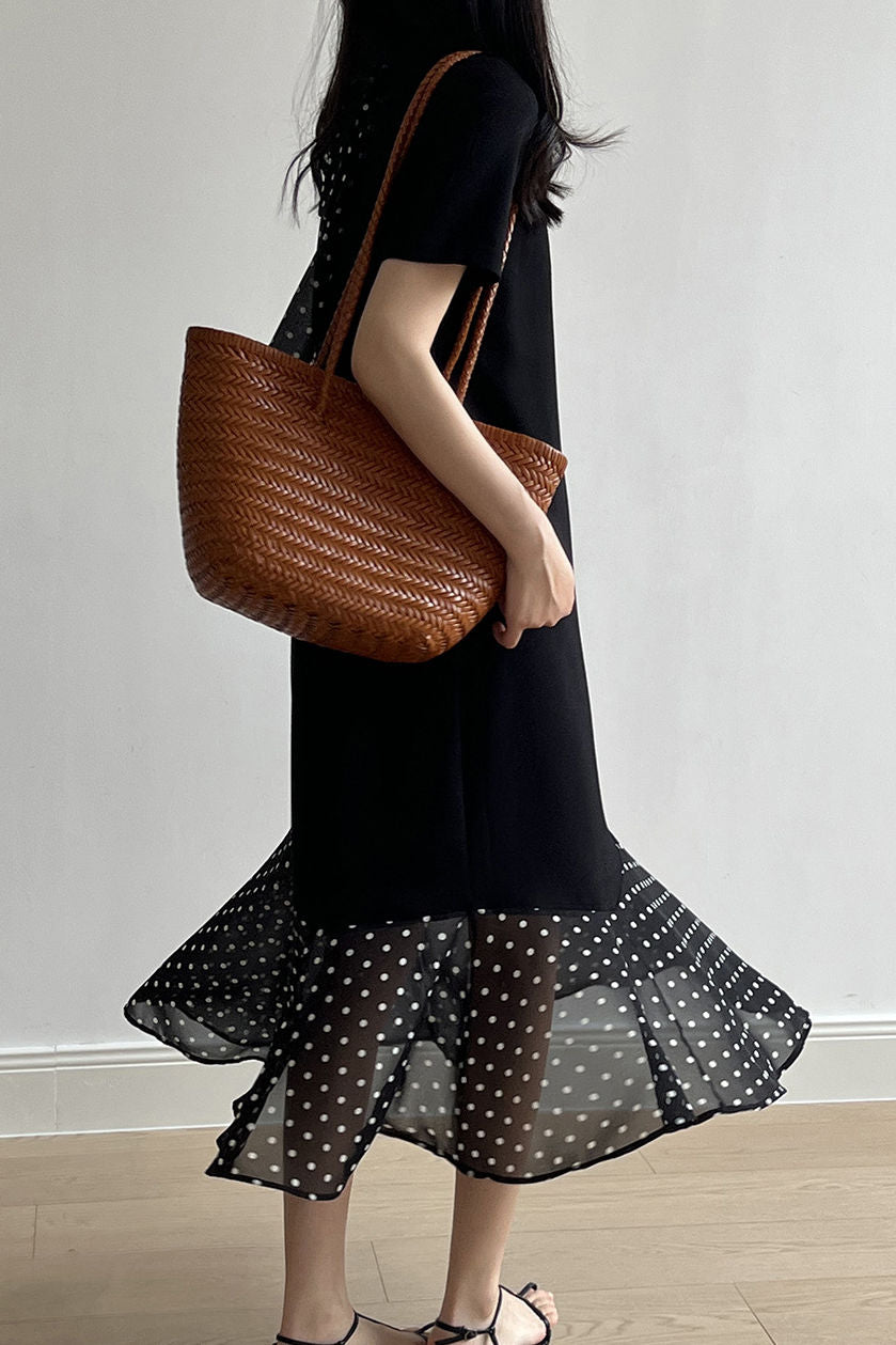 Spliced polka dot solid color dress - liwisi