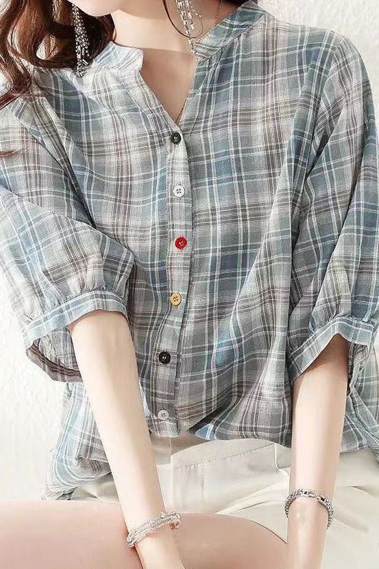 Round stand collar button-up short sleeve loose casual shirt with drawstring hem - liwisi