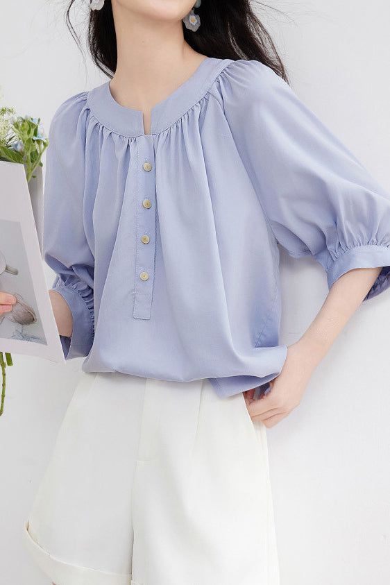 Casual gathered raglan lantern sleeve shirt - liwisi