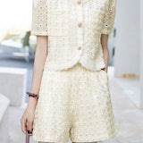 Round neck short sleeve hollow top and shorts two-piece set - liwisi