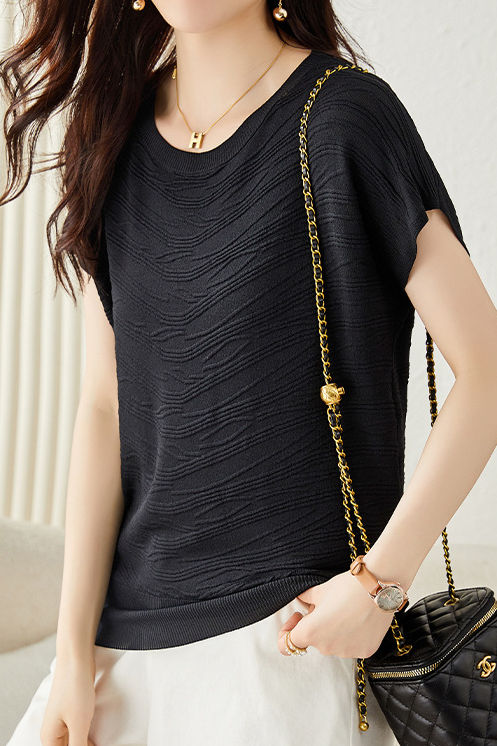 Solid color textured knit T-shirt - liwisi