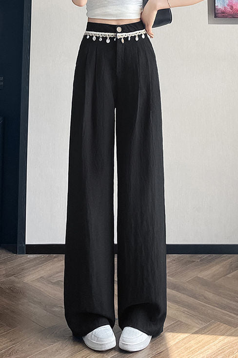 High-waisted shell weave pleated cotton-linen straight leg pants - liwisi