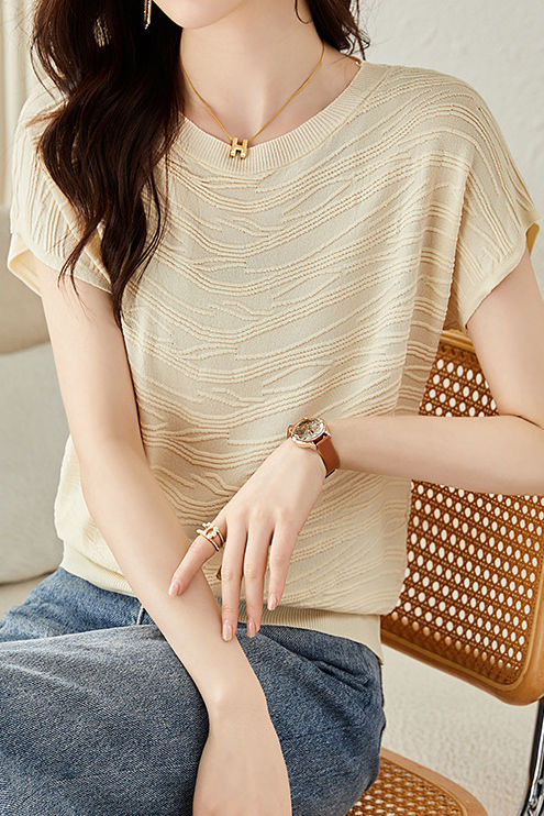 Solid color textured knit T-shirt - liwisi