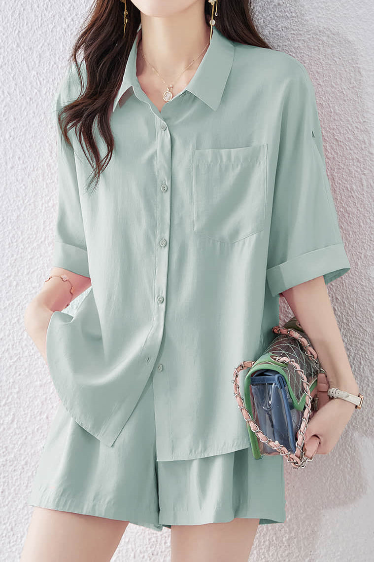 Button-up short sleeve shirt with waist tie pleated shorts set - liwisi