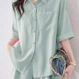 Button-up short sleeve shirt with waist tie pleated shorts set - liwisi