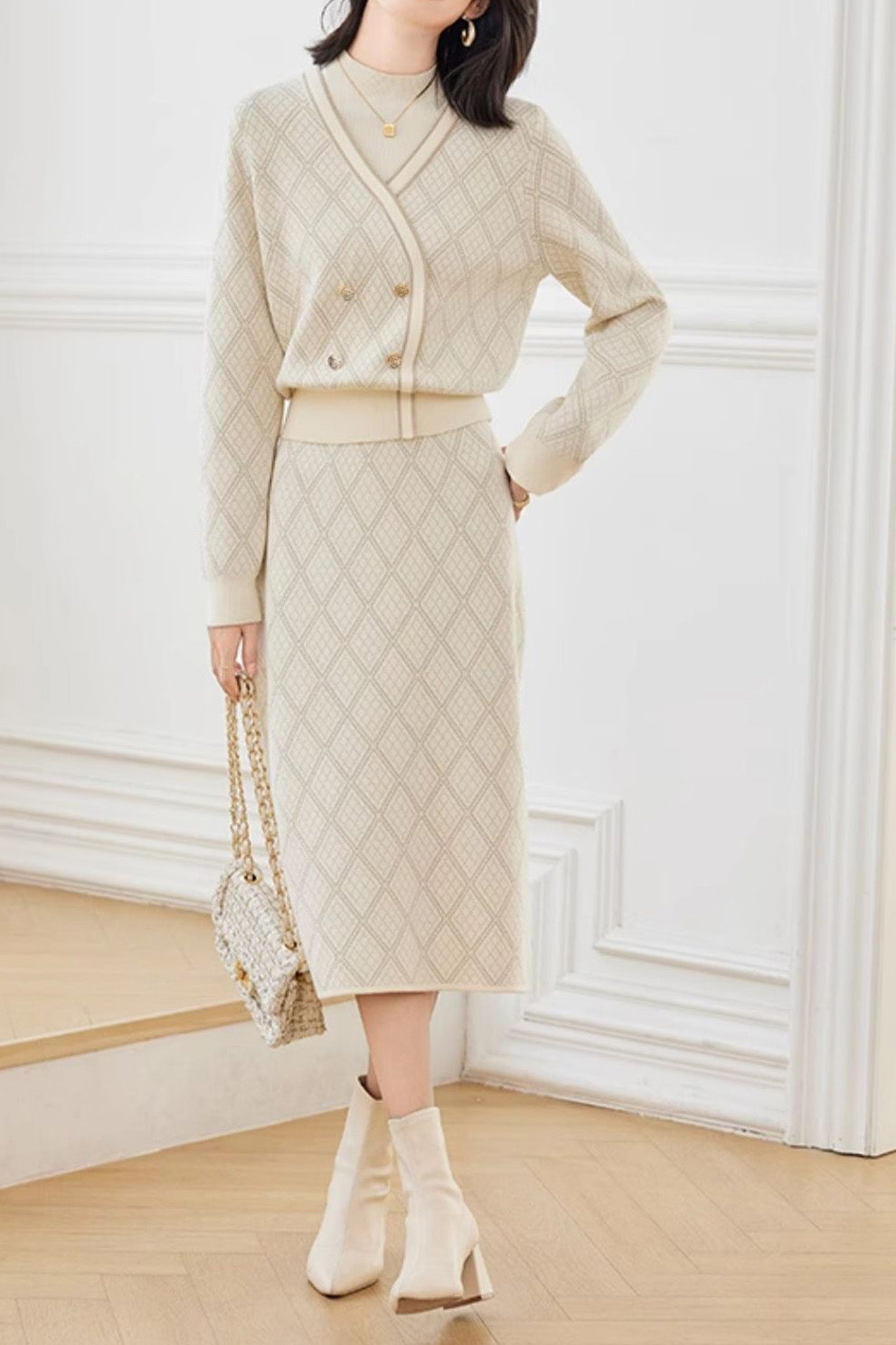 Metallic Jacquard Knit Sweater and Skirt Two-Piece Set - liwisi