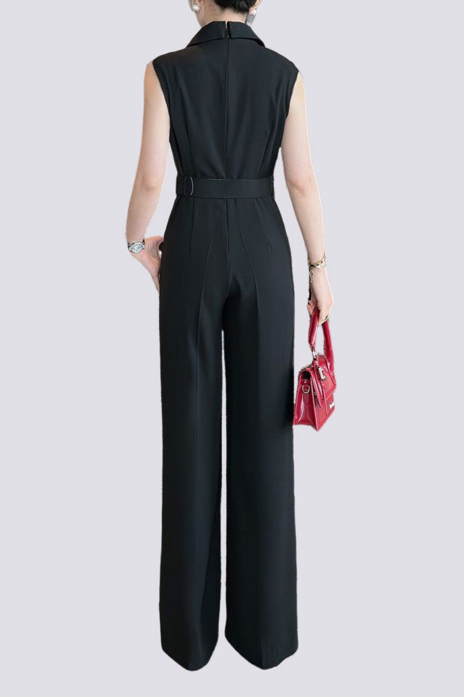 Sleeveless waist-defining suit collar wide-leg jumpsuit - liwisi