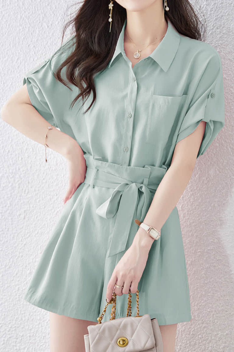 Button-up short sleeve shirt with waist tie pleated shorts set - liwisi