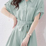 Button-up short sleeve shirt with waist tie pleated shorts set - liwisi