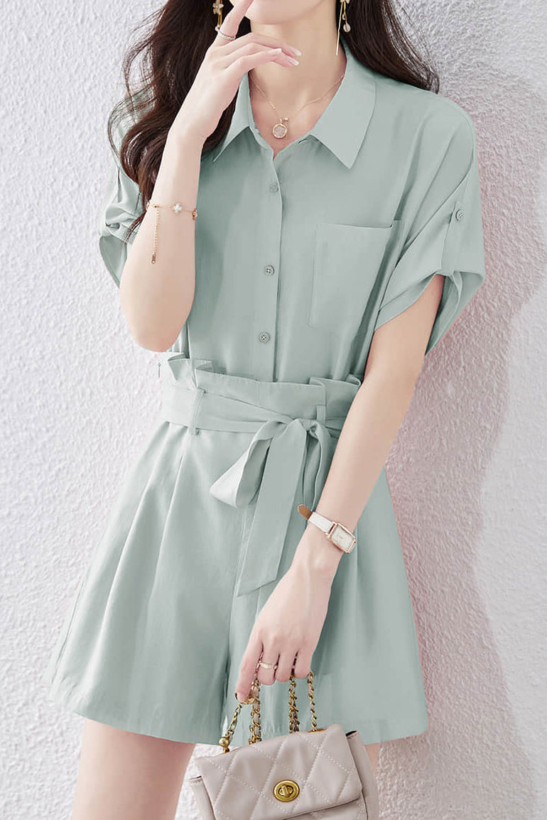 Button-up short sleeve shirt with waist tie pleated shorts set - liwisi