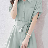Button-up short sleeve shirt with waist tie pleated shorts set - liwisi