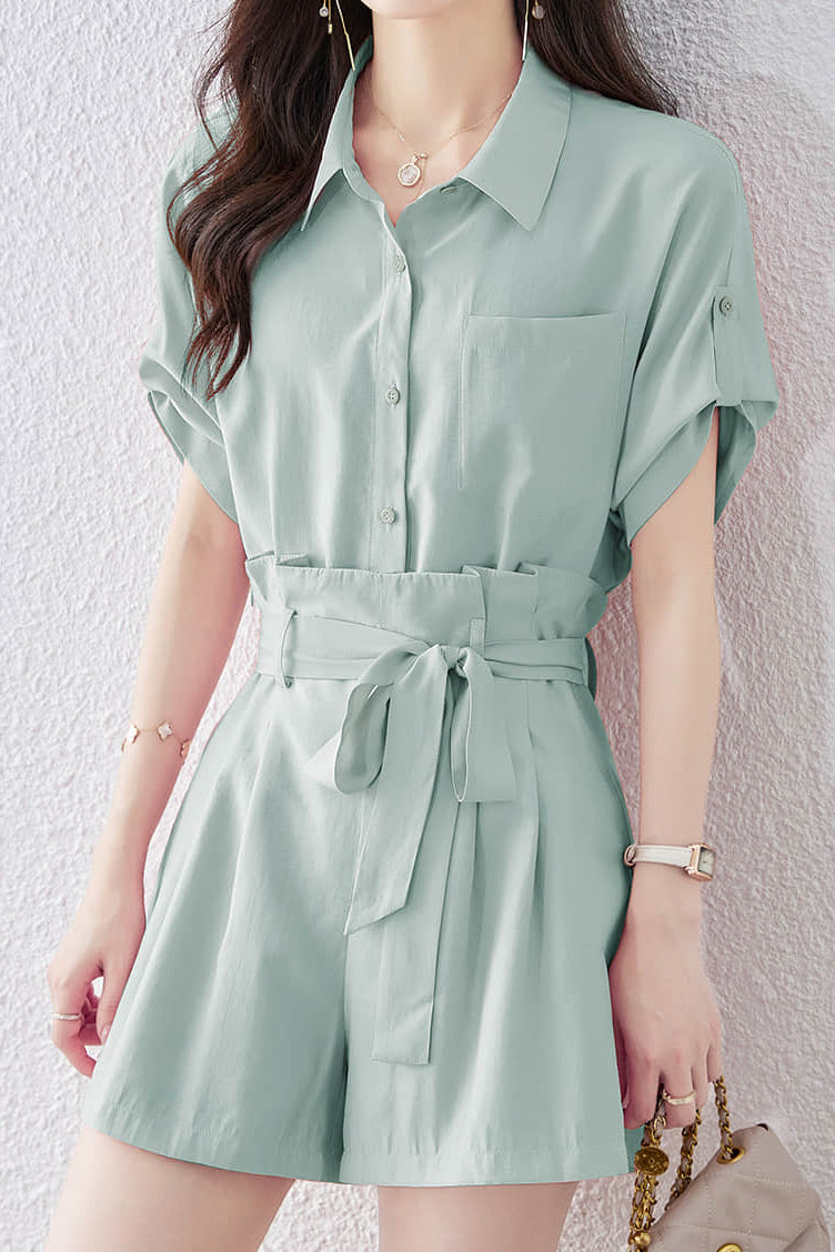 Button-up short sleeve shirt with waist tie pleated shorts set - liwisi