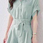 Button-up short sleeve shirt with waist tie pleated shorts set - liwisi