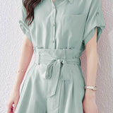 Button-up short sleeve shirt with waist tie pleated shorts set - liwisi
