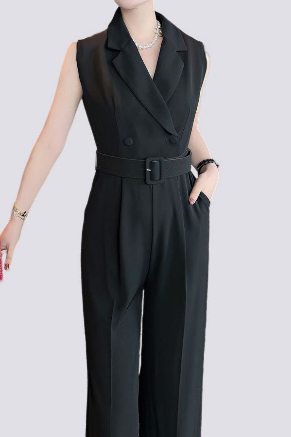 Sleeveless waist-defining suit collar wide-leg jumpsuit - liwisi