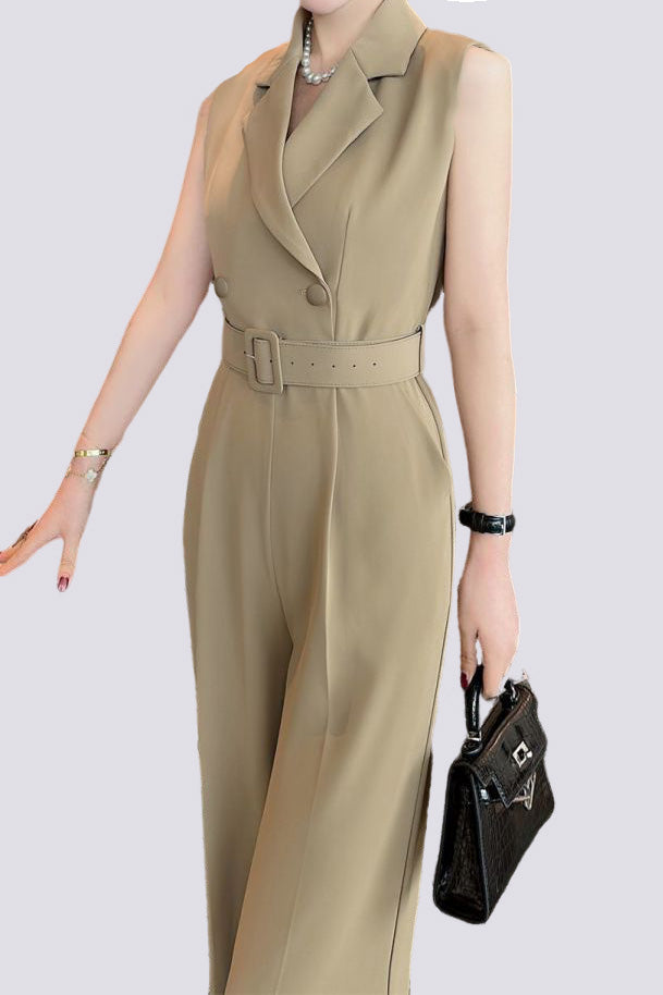 Sleeveless waist-defining suit collar wide-leg jumpsuit - liwisi