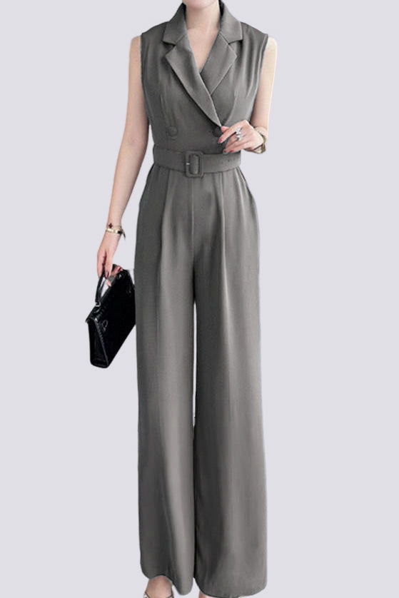 Sleeveless waist-defining suit collar wide-leg jumpsuit - liwisi