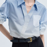 Blue and white gradient V-neck short sleeve shirt - liwisi