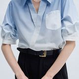 Blue and white gradient V-neck short sleeve shirt - liwisi