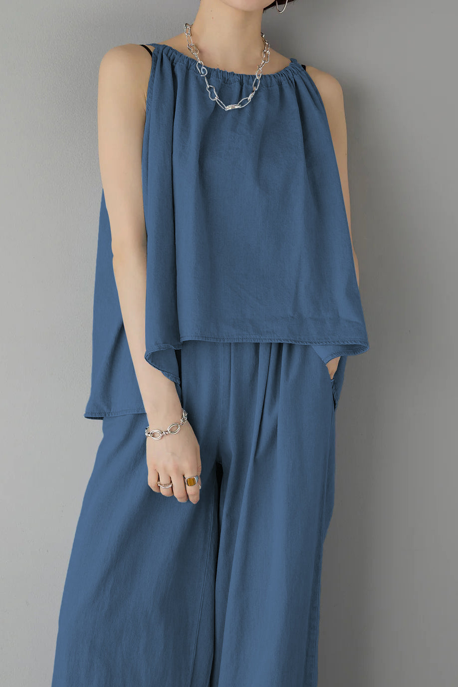 Two-Piece Set: Irregular Hem Drawstring Denim Camisole Top + Effortless Maxi Wide Denim Pants - 2 Colors Available - liwisi