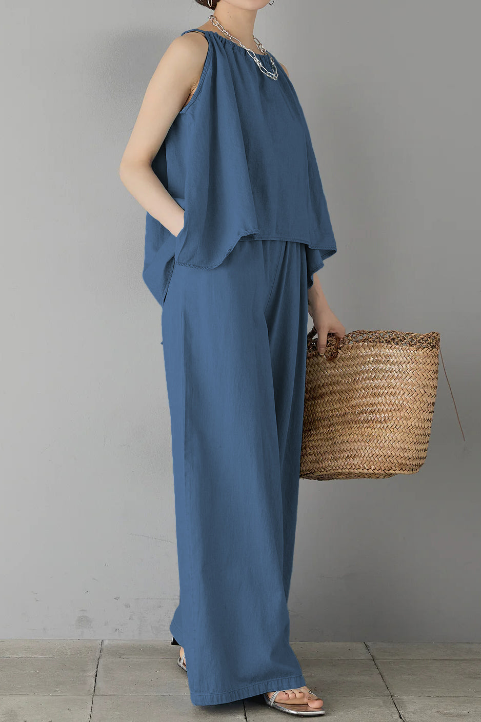 Two-Piece Set: Irregular Hem Drawstring Denim Camisole Top + Effortless Maxi Wide Denim Pants - 2 Colors Available - liwisi