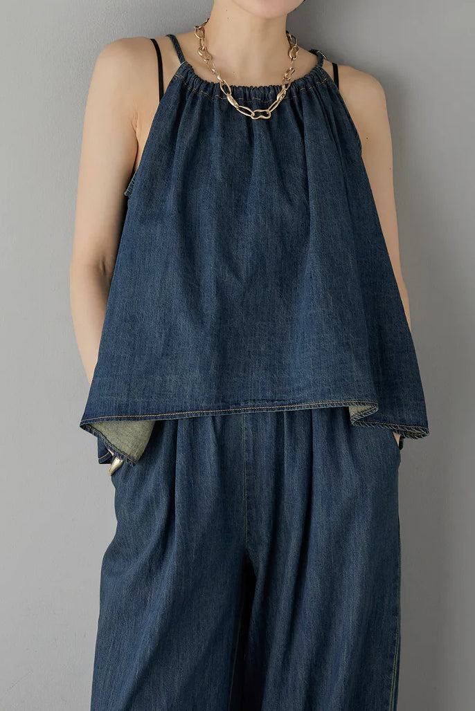 Two-Piece Set: Irregular Hem Drawstring Denim Camisole Top + Effortless Maxi Wide Denim Pants - 2 Colors Available - liwisi