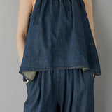 Two-Piece Set: Irregular Hem Drawstring Denim Camisole Top + Effortless Maxi Wide Denim Pants - 2 Colors Available - liwisi