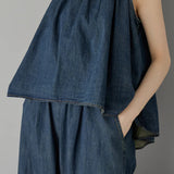 Two-Piece Set: Irregular Hem Drawstring Denim Camisole Top + Effortless Maxi Wide Denim Pants - 2 Colors Available - liwisi