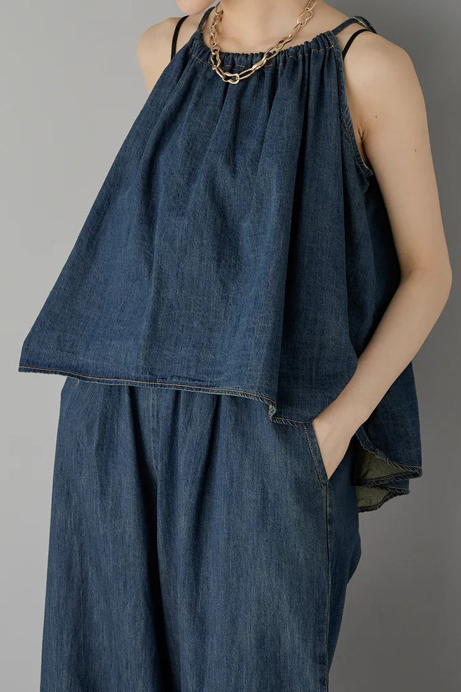 Two-Piece Set: Irregular Hem Drawstring Denim Camisole Top + Effortless Maxi Wide Denim Pants - 2 Colors Available - liwisi